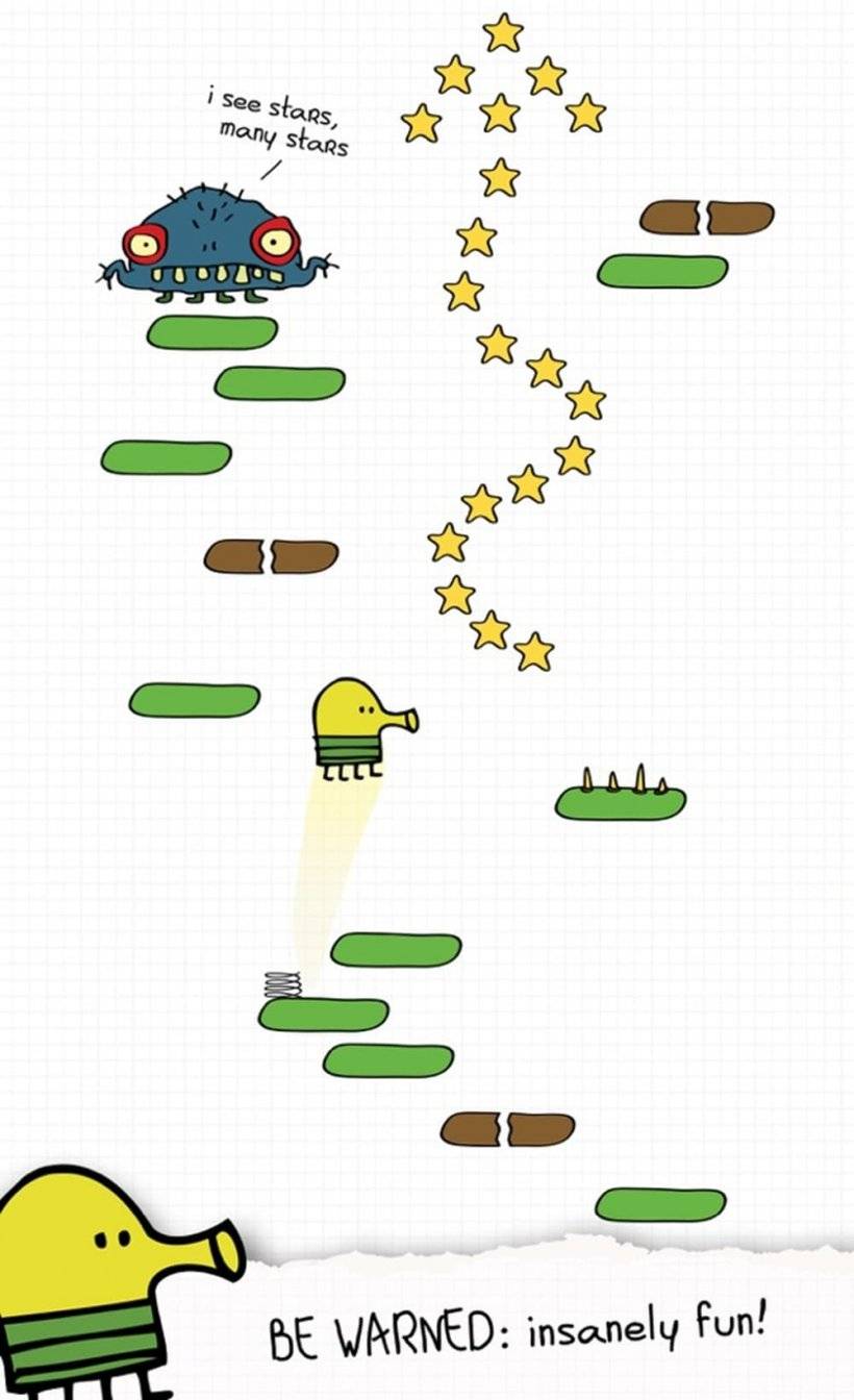 Ein Screenshot von Doodle springen in Aktion, während der Doodle an einem Außerirdischen vorbeispringt