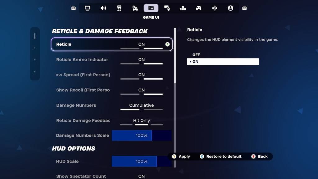 Settings in Fortnite Ballistic.