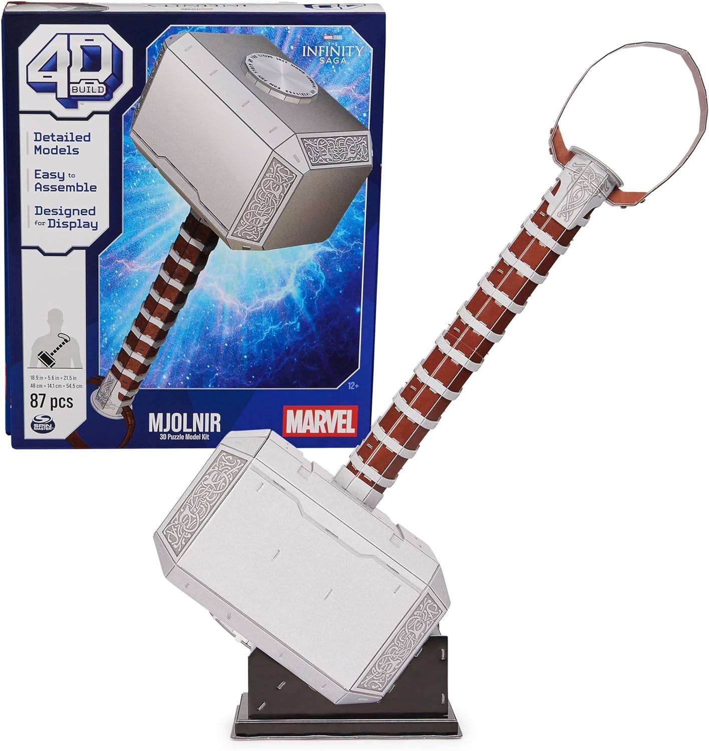 Kit model teka -teki 3D Marvel Mjolnir Thor Hammer dengan Stand, 87 PCS