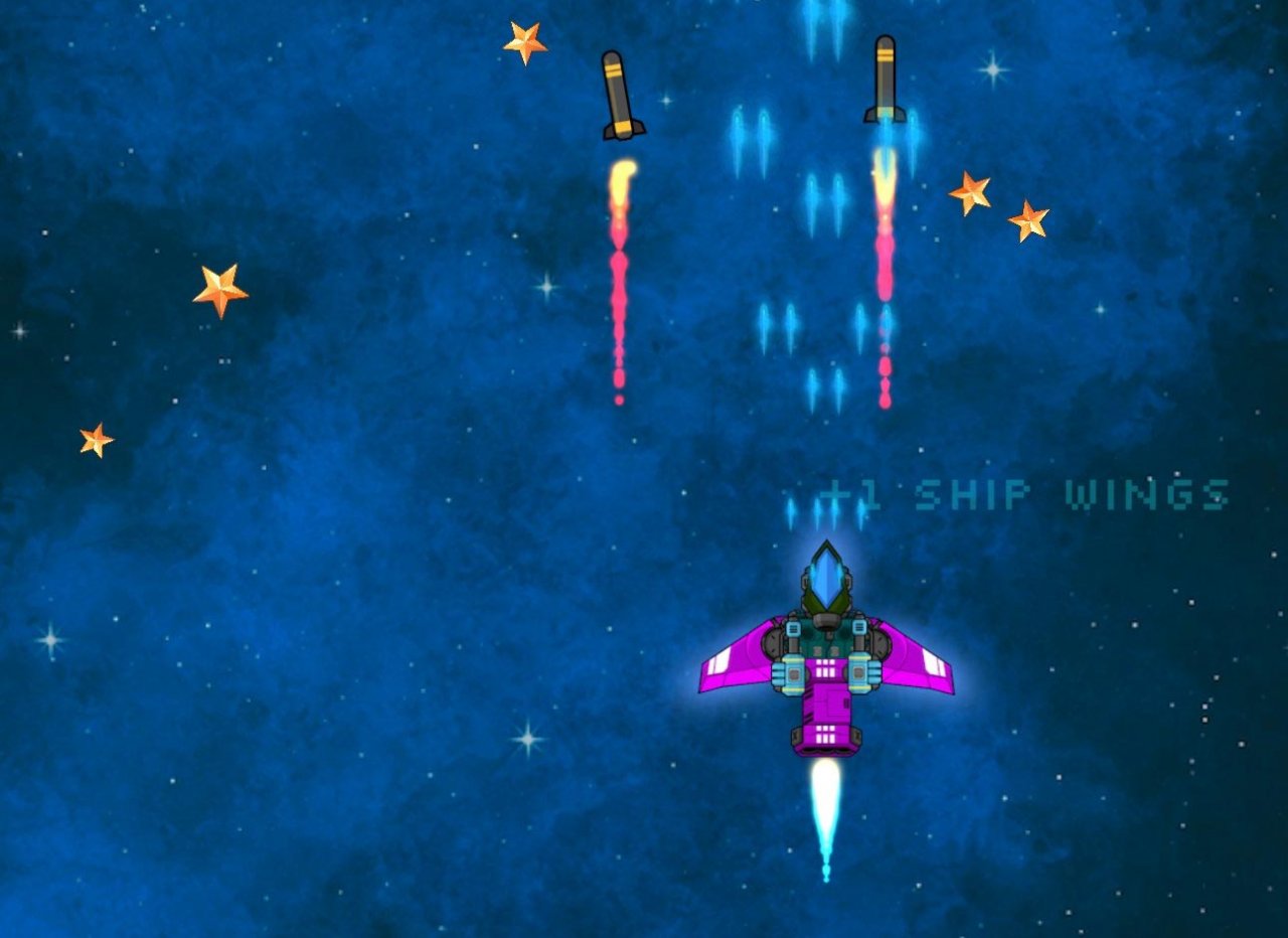 a purple ship shooting rockets in space