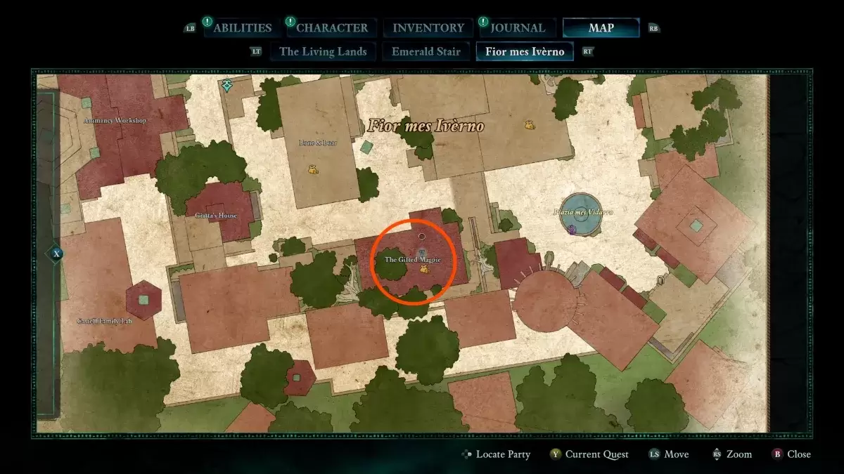 Avowed gameplay na nagpapakita ng minarkahang lokasyon ng praktikal na mapa ng kayamanan ng bulsa, na minarkahan sa fior mes iverno