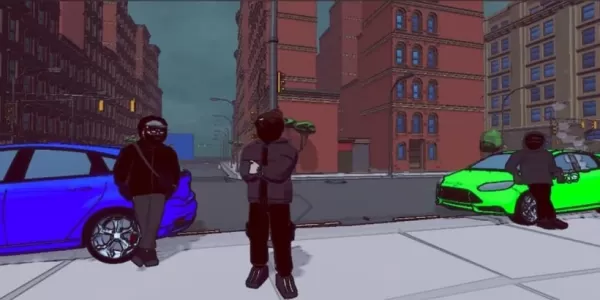 Three low-poly characters casually leaning against a car