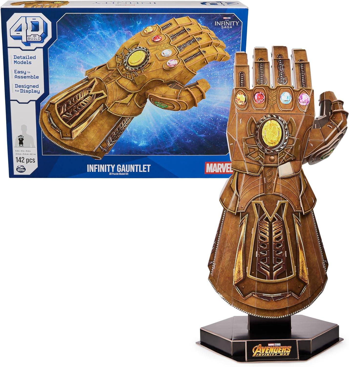 Kit model teka -teki 3D Marvel Infinity Gauntlet dengan Stand, 142 PCS